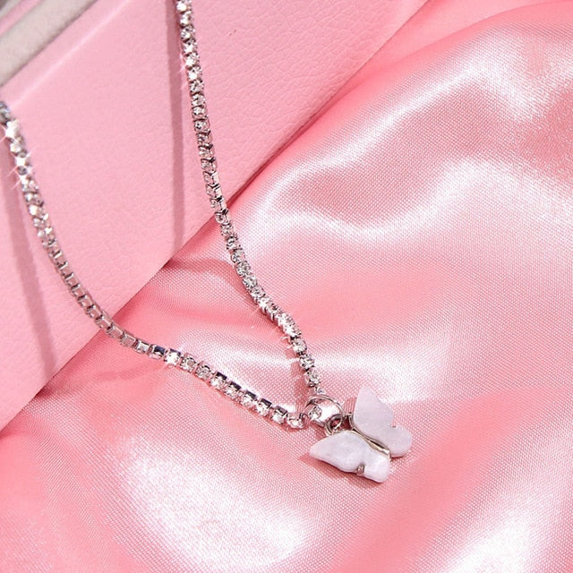 JJFOUCS Fashion Butterfly Crystal Chain Necklace For Women Acrylic Resin Silver Color Choker Necklace Jewelry Wedding Gift - Shopeasywear