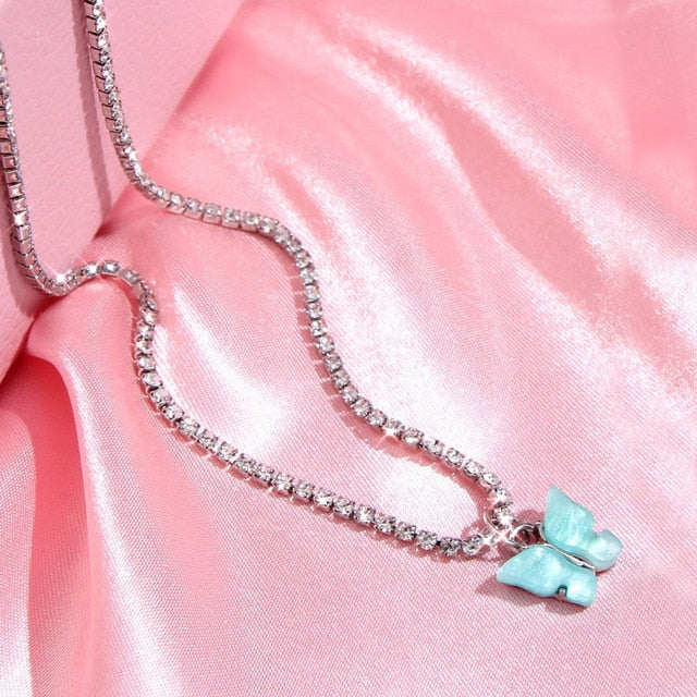 JJFOUCS Fashion Butterfly Crystal Chain Necklace For Women Acrylic Resin Silver Color Choker Necklace Jewelry Wedding Gift - Shopeasywear