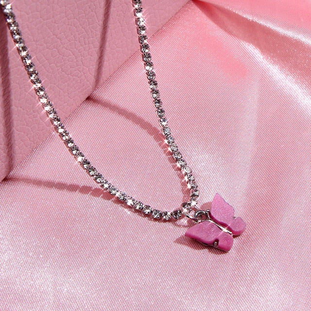 JJFOUCS Fashion Butterfly Crystal Chain Necklace For Women Acrylic Resin Silver Color Choker Necklace Jewelry Wedding Gift - Shopeasywear