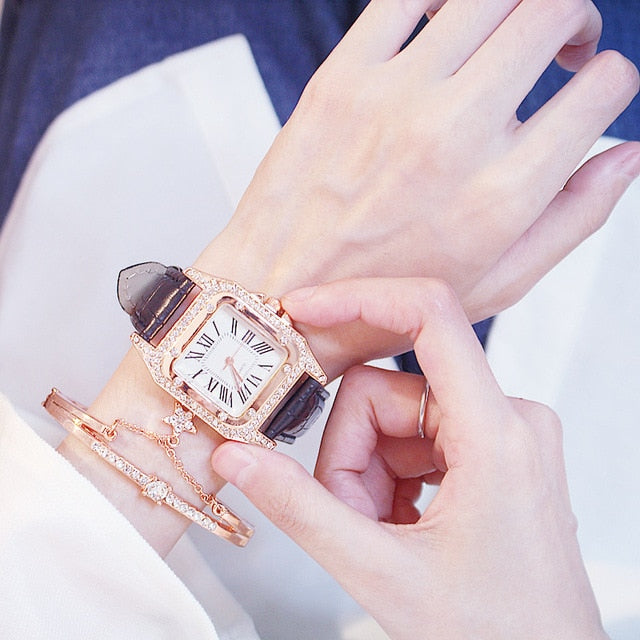 Square Luxury Diamond Women Watches 2019 Leather Ladies Watch Waterproof Female Quartz Wristwatch Relogio Feminino Reloj Mujer - Shopeasywear