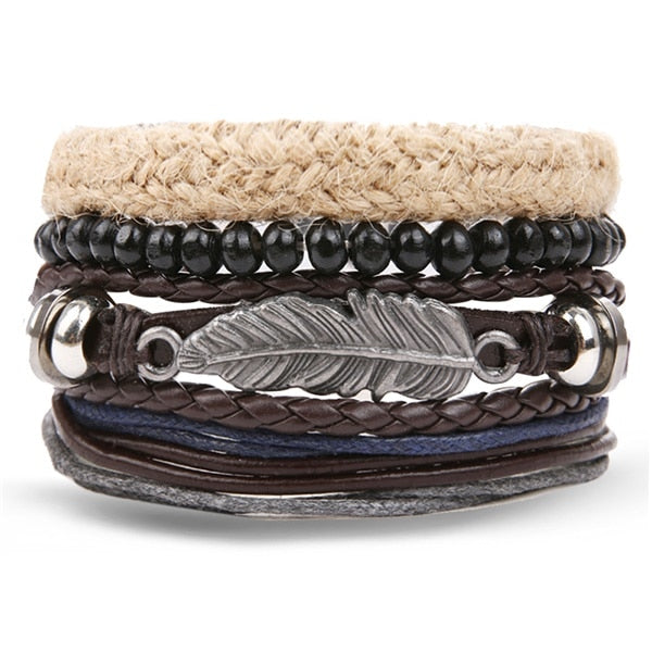 IFMIA Vintage Leather Bracelet Fashion Hand-knitted Multi-layer Leather Feather Leaf Bracelet and Fashion Men's Bracelet Gift - Shopeasywear