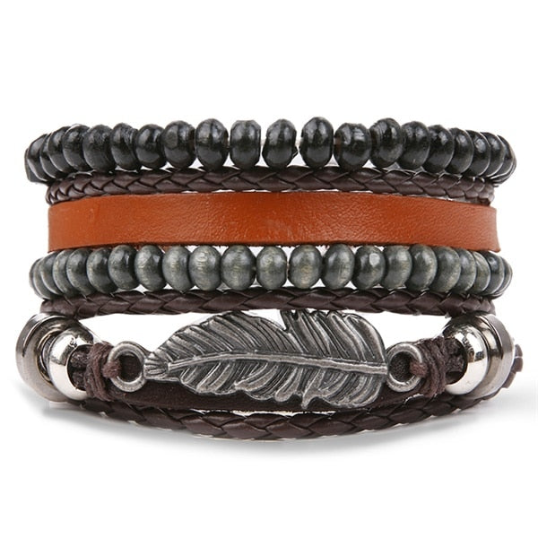 IFMIA Vintage Leather Bracelet Fashion Hand-knitted Multi-layer Leather Feather Leaf Bracelet and Fashion Men's Bracelet Gift - Shopeasywear
