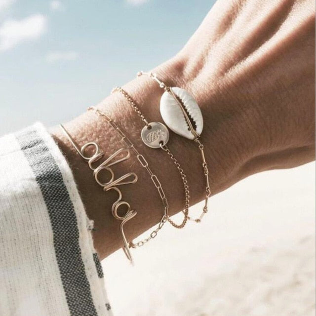 4 pcs/set Fashion Bohemia Leaf Round Knot cuff Bangle Gold Chain Charm Bracelet Bangle for Women Simple Geometric Bracelets - Shopeasywear