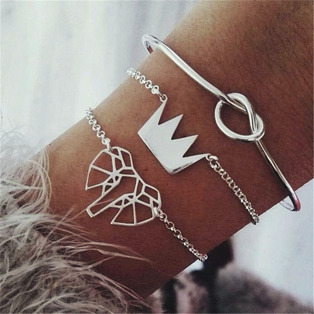 4 pcs/set Fashion Bohemia Leaf Round Knot cuff Bangle Gold Chain Charm Bracelet Bangle for Women Simple Geometric Bracelets - Shopeasywear
