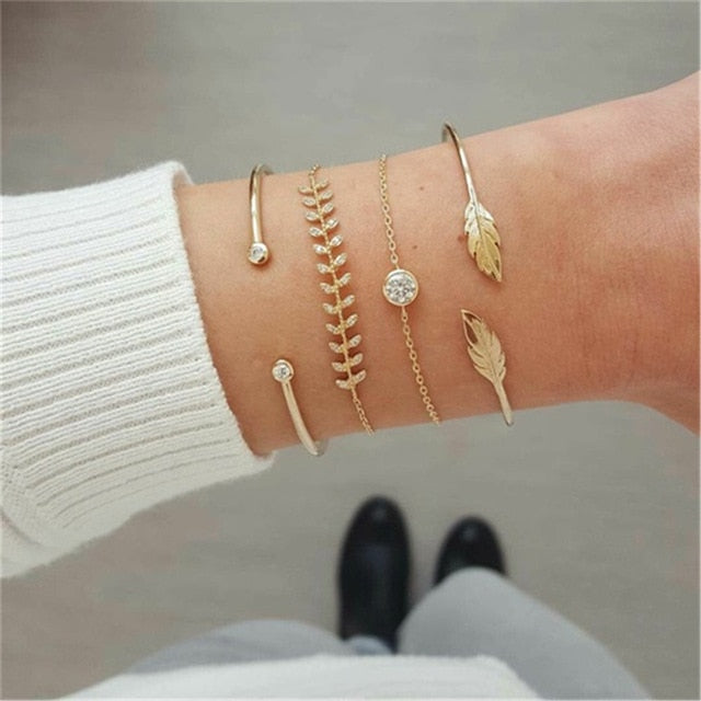 4 pcs/set Fashion Bohemia Leaf Round Knot cuff Bangle Gold Chain Charm Bracelet Bangle for Women Simple Geometric Bracelets - Shopeasywear