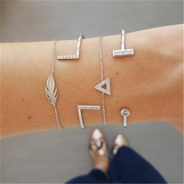 4 pcs/set Fashion Bohemia Leaf Round Knot cuff Bangle Gold Chain Charm Bracelet Bangle for Women Simple Geometric Bracelets - Shopeasywear