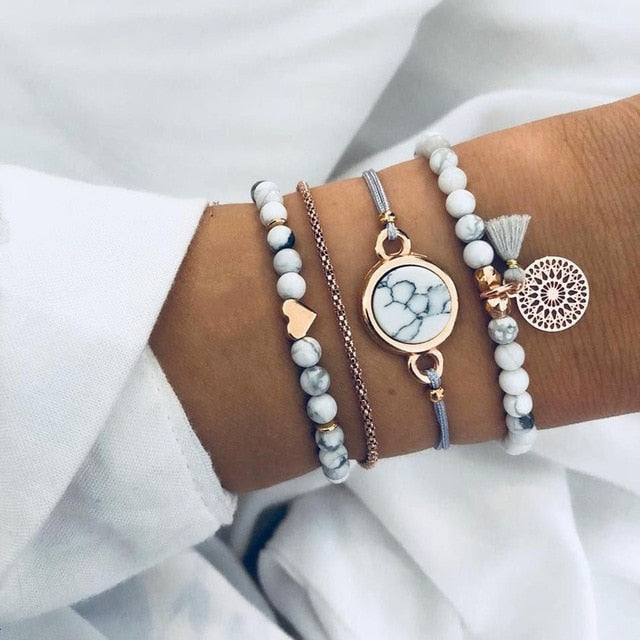 4 pcs/set Fashion Bohemia Leaf Round Knot cuff Bangle Gold Chain Charm Bracelet Bangle for Women Simple Geometric Bracelets - Shopeasywear