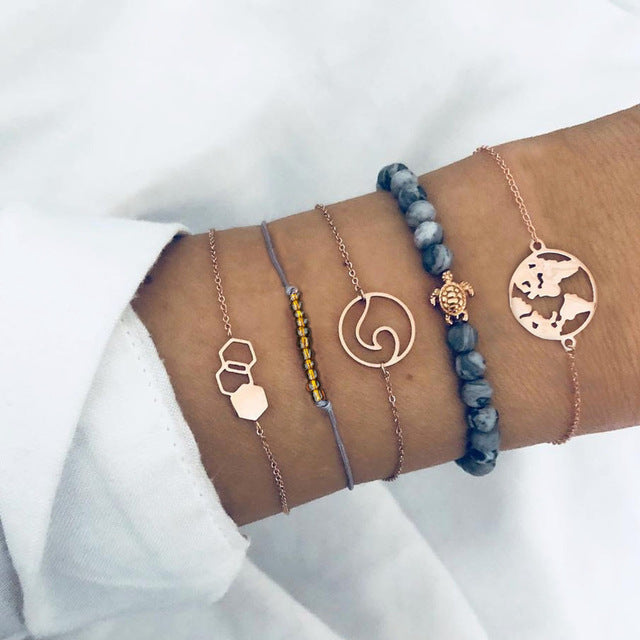 4 pcs/set Fashion Bohemia Leaf Round Knot cuff Bangle Gold Chain Charm Bracelet Bangle for Women Simple Geometric Bracelets - Shopeasywear