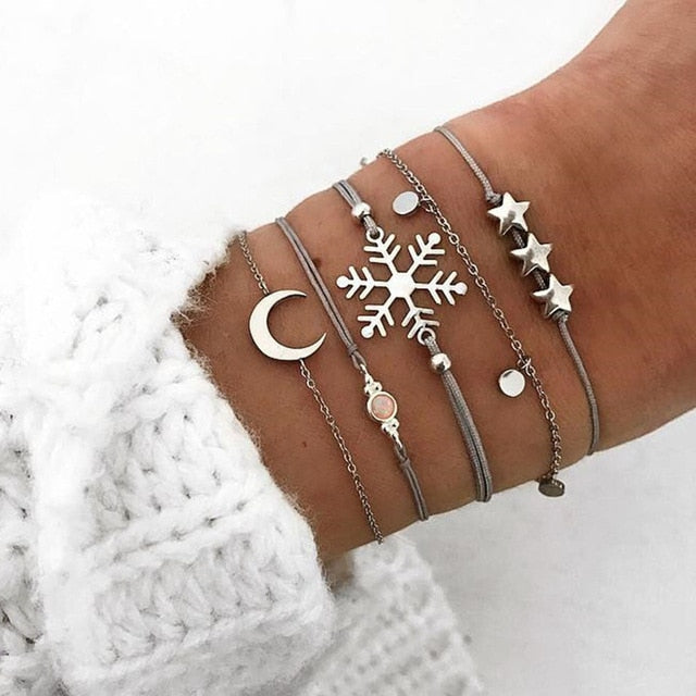 4 pcs/set Fashion Bohemia Leaf Round Knot cuff Bangle Gold Chain Charm Bracelet Bangle for Women Simple Geometric Bracelets - Shopeasywear