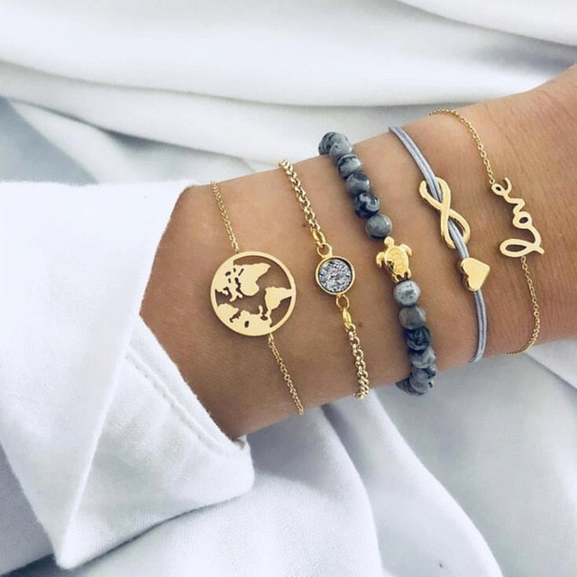 4 pcs/set Fashion Bohemia Leaf Round Knot cuff Bangle Gold Chain Charm Bracelet Bangle for Women Simple Geometric Bracelets - Shopeasywear
