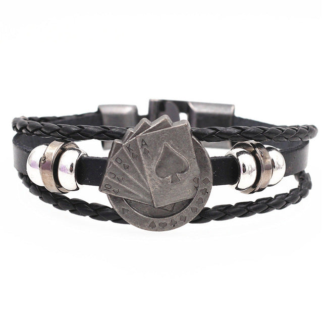 Pulsera de cuero DGW Lucky Vintage para hombre, para jugar a las cartas, colgante de Raja Vegas, pulsera trenzada multicapa para mujer, Dropshipping - Shopeasywear