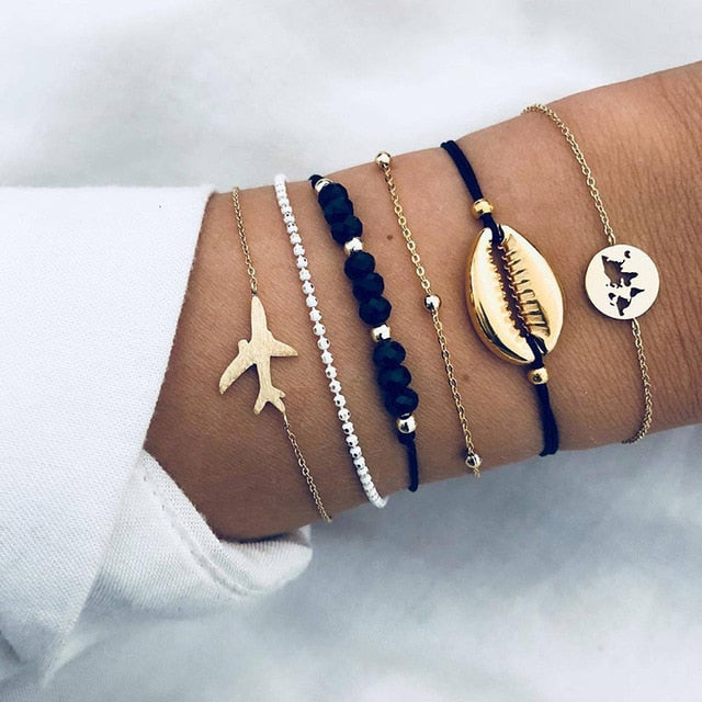 New Bohemian Black Rope Chain Bracelet Set For Women aircraft Shell Moon Heart crystal Charm Bangle Personalized Jewelry - Shopeasywear