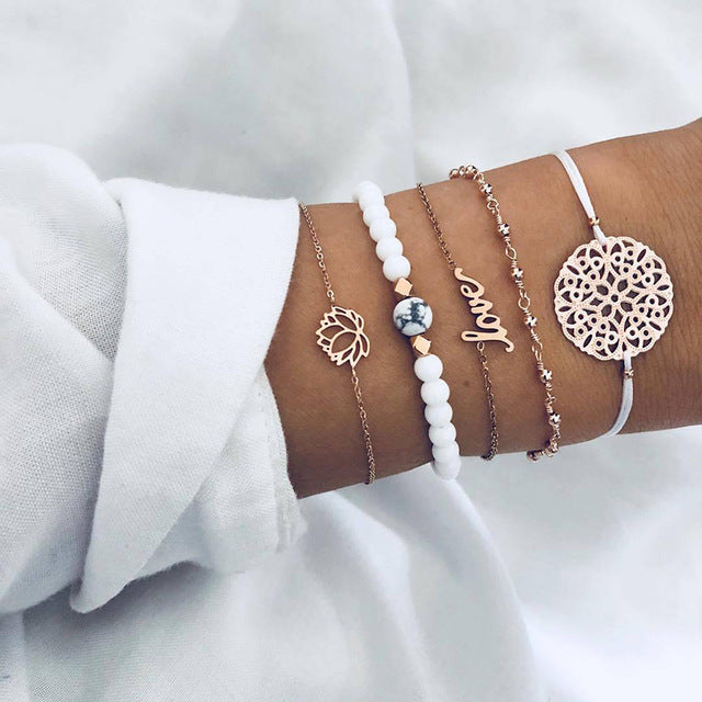 New Bohemian Black Rope Chain Bracelet Set For Women aircraft Shell Moon Heart crystal Charm Bangle Personalized Jewelry - Shopeasywear