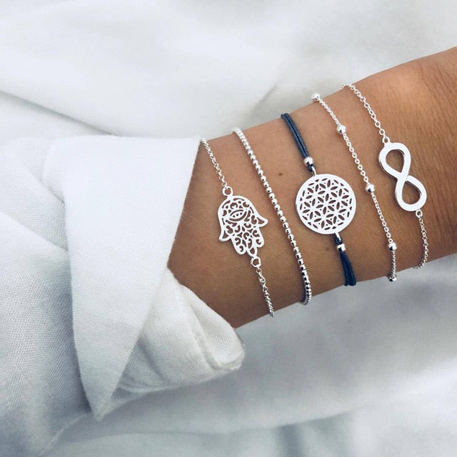 New Bohemian Black Rope Chain Bracelet Set For Women aircraft Shell Moon Heart crystal Charm Bangle Personalized Jewelry - Shopeasywear