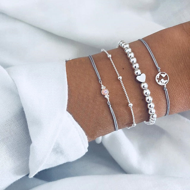 New Bohemian Black Rope Chain Bracelet Set For Women aircraft Shell Moon Heart crystal Charm Bangle Personalized Jewelry - Shopeasywear
