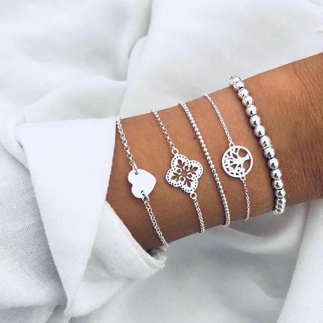 New Bohemian Black Rope Chain Bracelet Set For Women aircraft Shell Moon Heart crystal Charm Bangle Personalized Jewelry - Shopeasywear