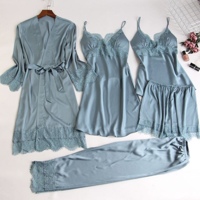 5 Pieces Sets Sexy Lace Female Satin Pajama