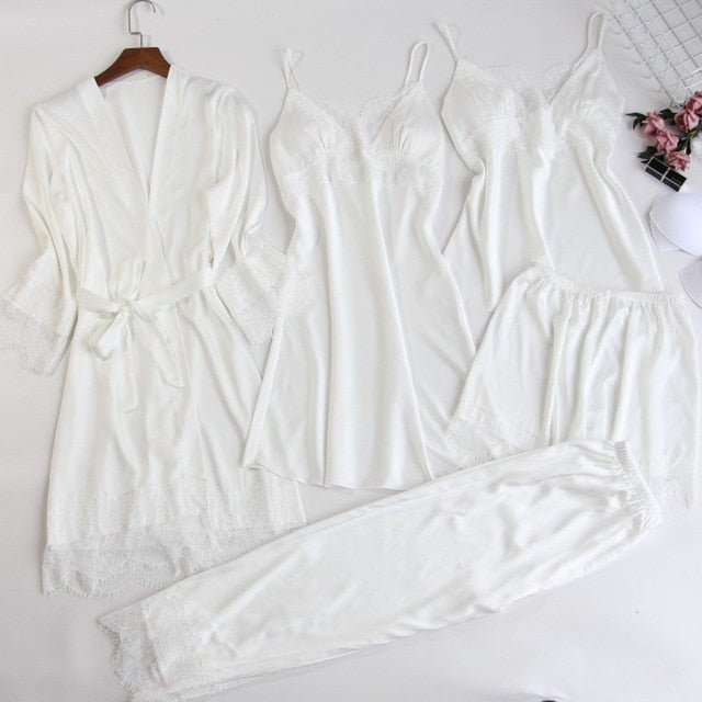 5 Pieces Sets Sexy Lace Female Satin Pajama