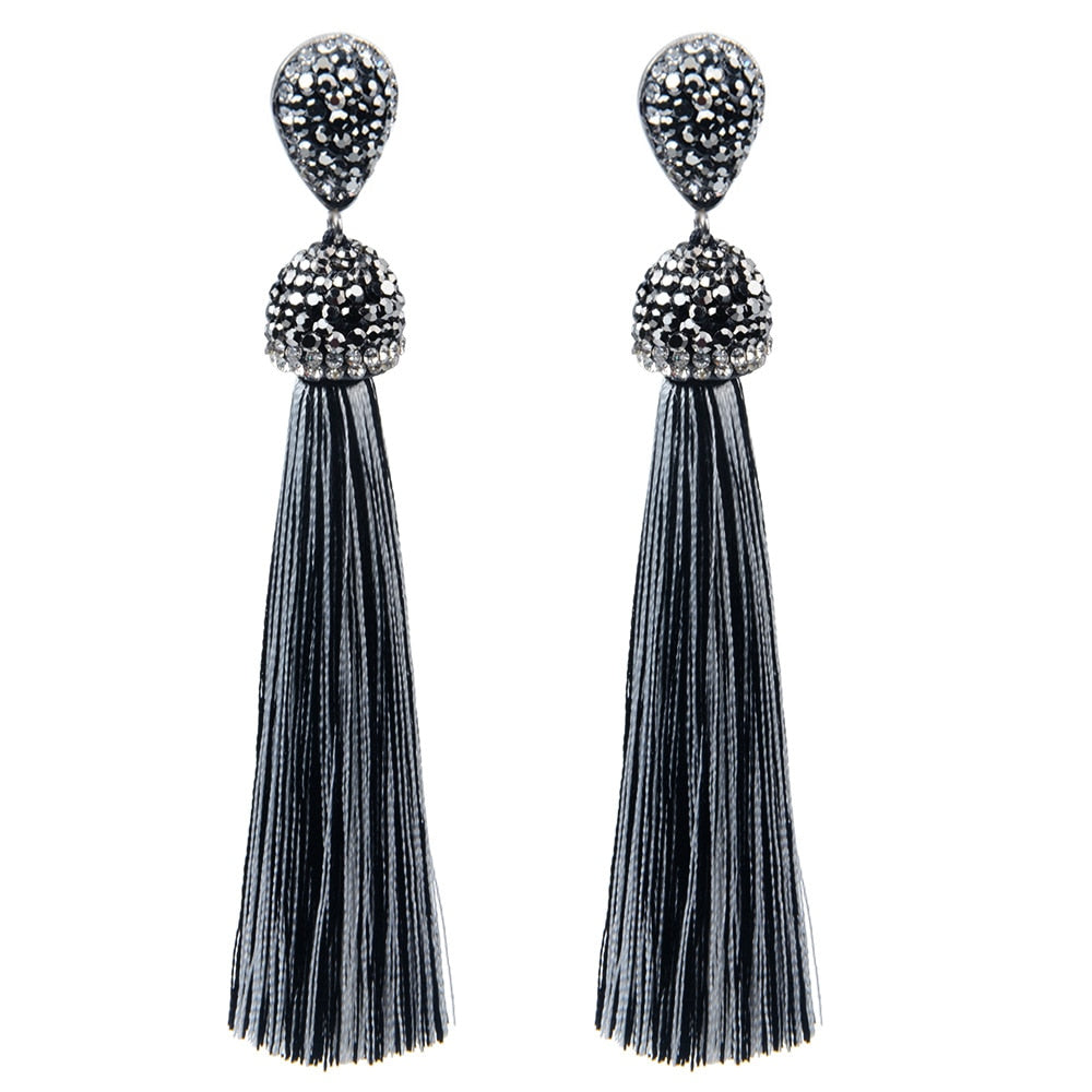Handmade 12 Colors Long Tassel Earrings Bohemian Black Red Pink White Blue Silk Crystal Dangle Drop Earrings For Women Jewelry - Shopeasywear