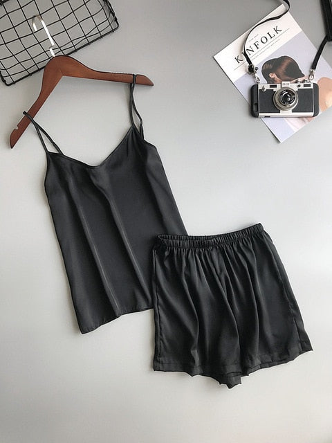 Ice Silk Twinset Korean Solid Color Women Pajamas - Jeglowstore
