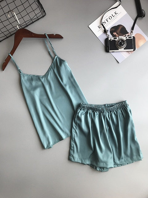 Ice Silk Twinset Korean Solid Color Women Pajamas - Jeglowstore