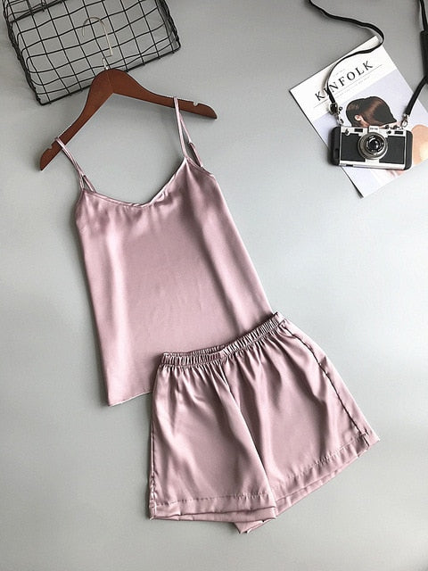 Ice Silk Twinset Korean Solid Color Women Pajamas - Jeglowstore