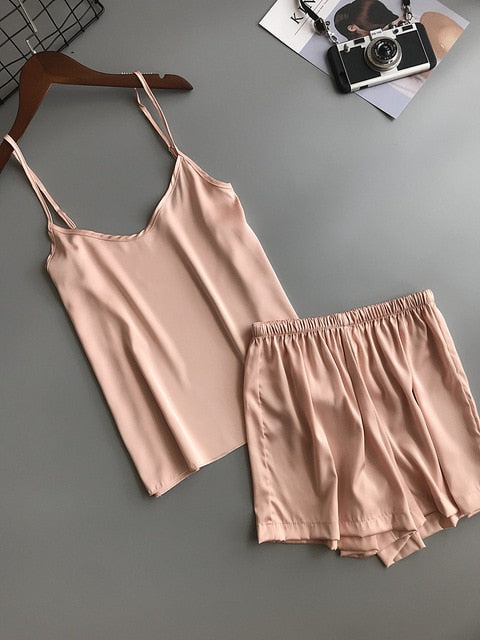 Ice Silk Twinset Korean Solid Color Women Pajamas - Jeglowstore