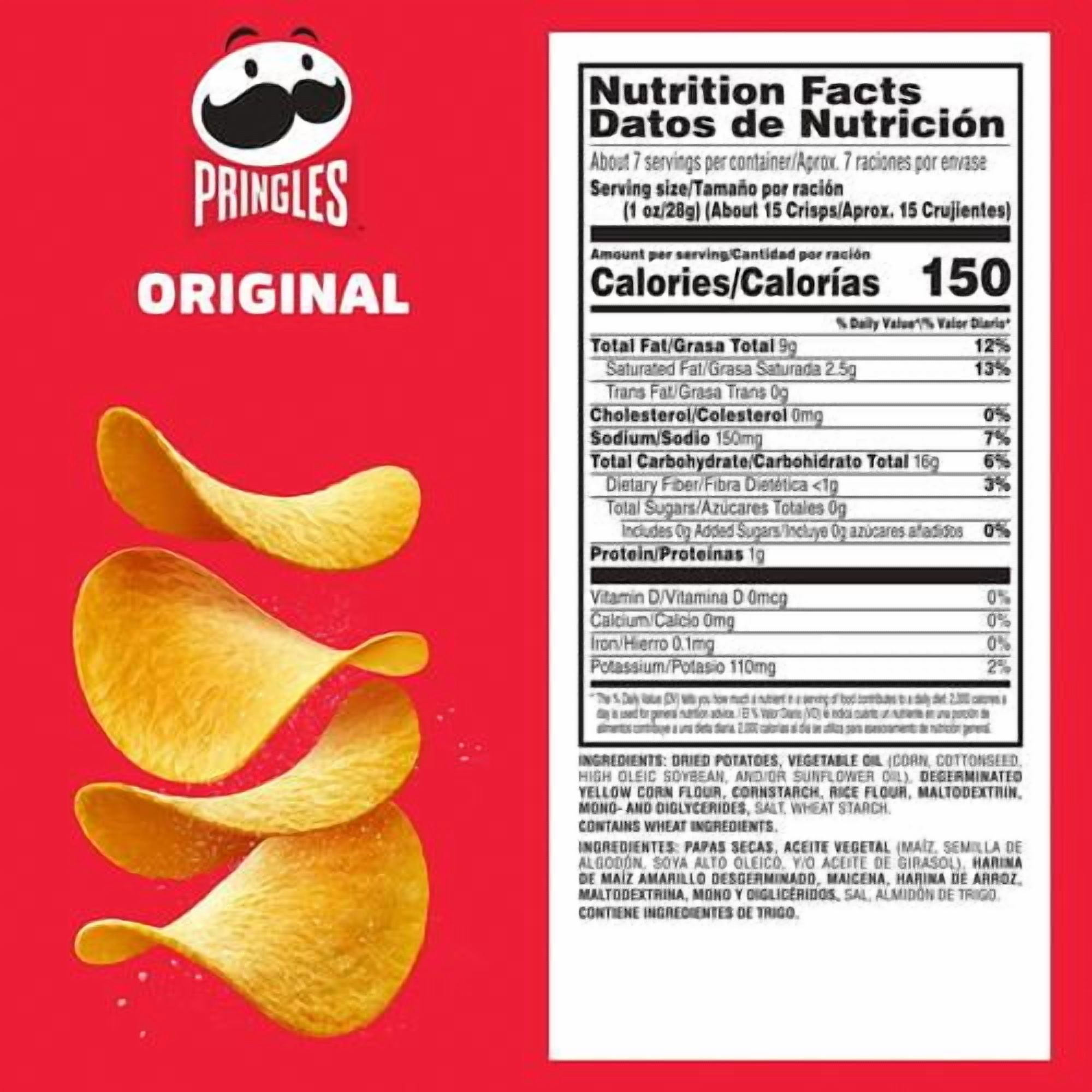 Pringles Potato Crisps Chips, Lunch Snacks, On-The-Go Snacks, Party Stack, Original, 6.8Oz Can (1 Can) - Pack of 2