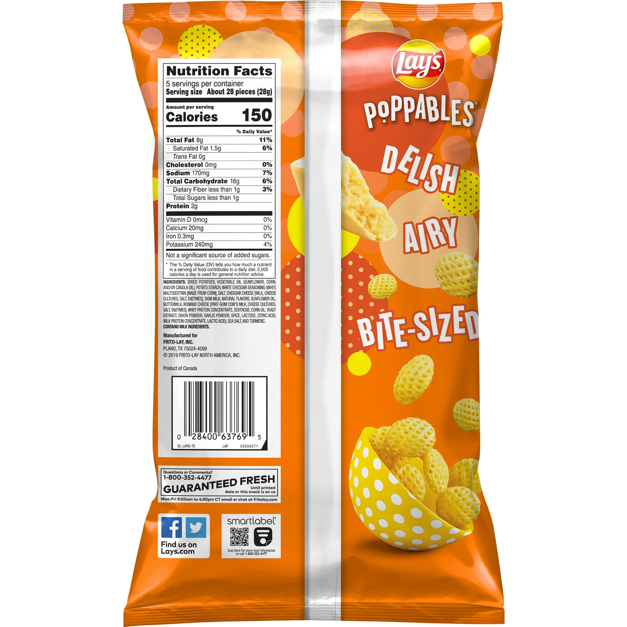 Lay's Poppables White Cheddar Flavored Potato Snack Chips, 5 Oz Bag