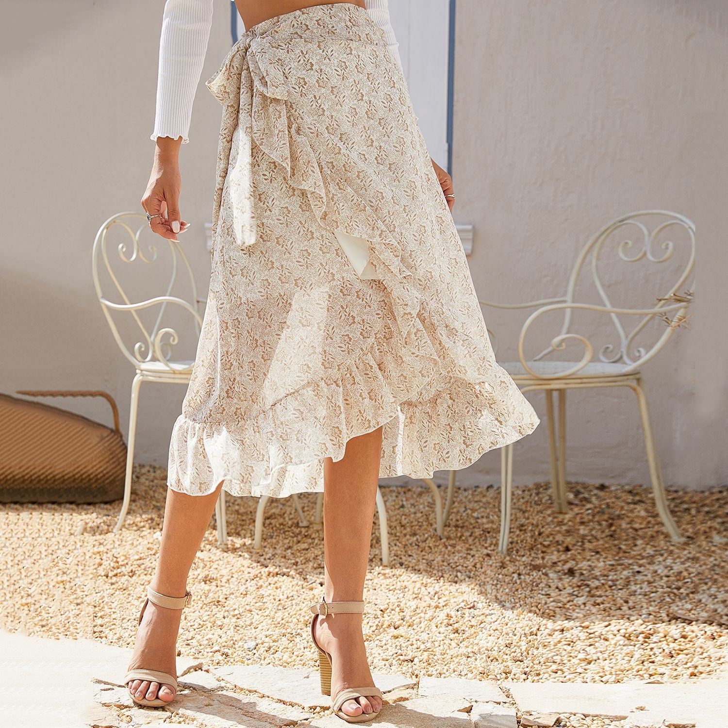HUAYASX Long Skirts Irregular Floral Chiffon Skirt Women's Skirt Chiffon Ruffled Irregular Women Clothingd Flower Leaf Pattern