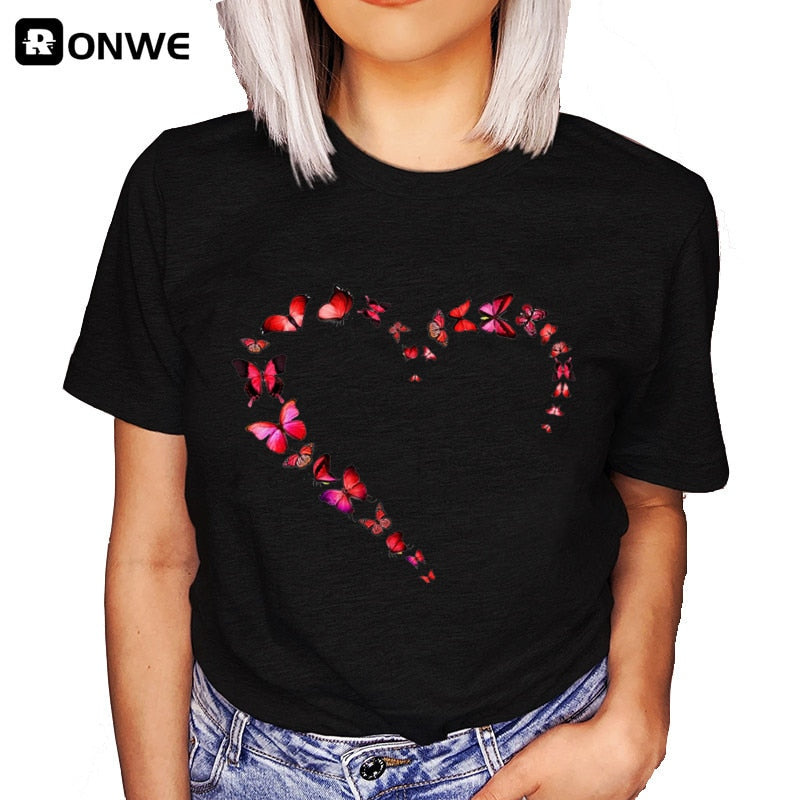 Casual Harajuku Fashion T-shirt Feather Print Loose O-neck Short Sleeve