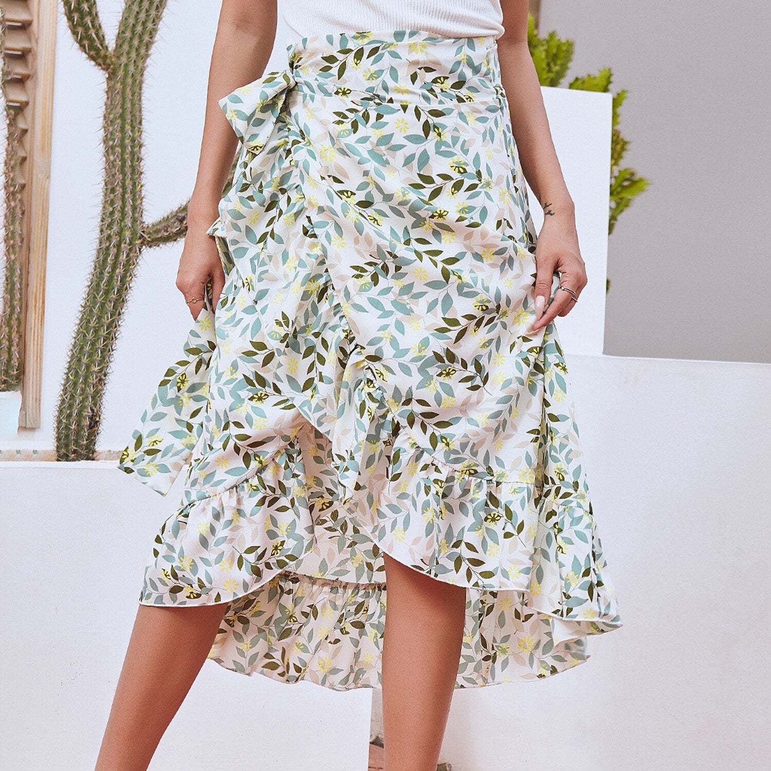 HUAYASX Long Skirts Irregular Floral Chiffon Skirt Women's Skirt Chiffon Ruffled Irregular Women Clothingd Flower Leaf Pattern
