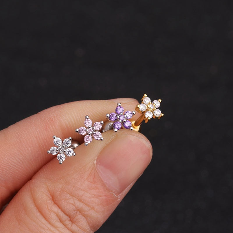 1pc Stainless Steel Fashion Flowers Zirconia Cartilage Cz Earring  for Women Crown Helix Ear Studs Piercing Jewelry