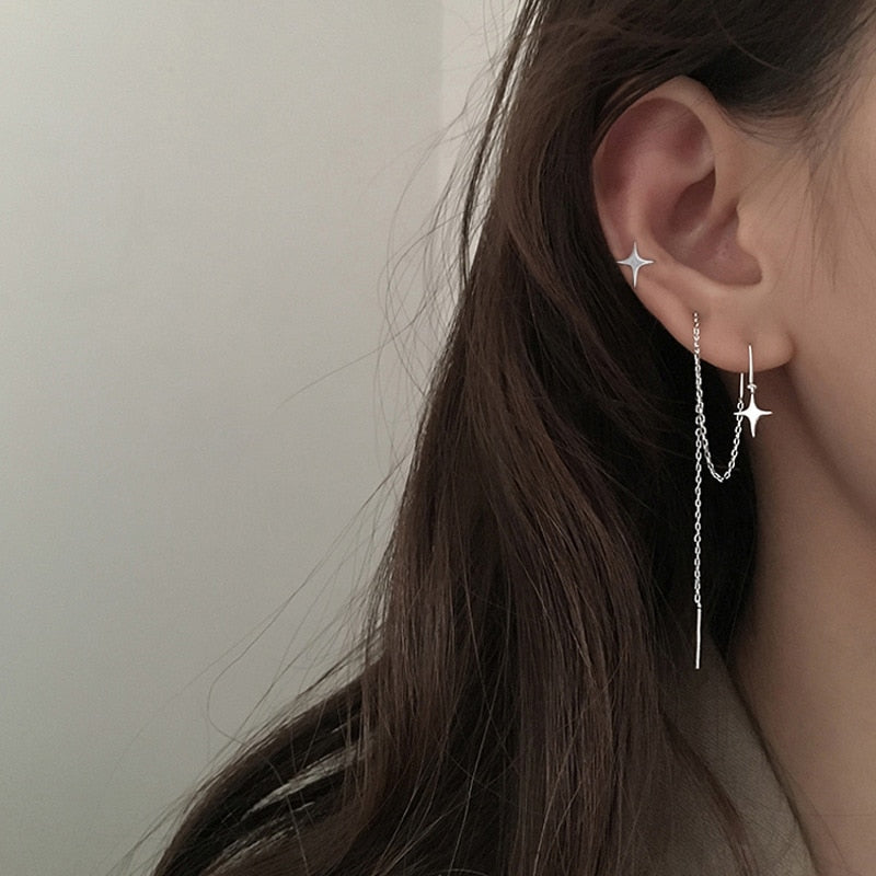 Simple Shine Star Cross Stud Earring Long Chain Tassel Earrings For Women Geometric Piercing Ear Jewelry Party Girl Gift
