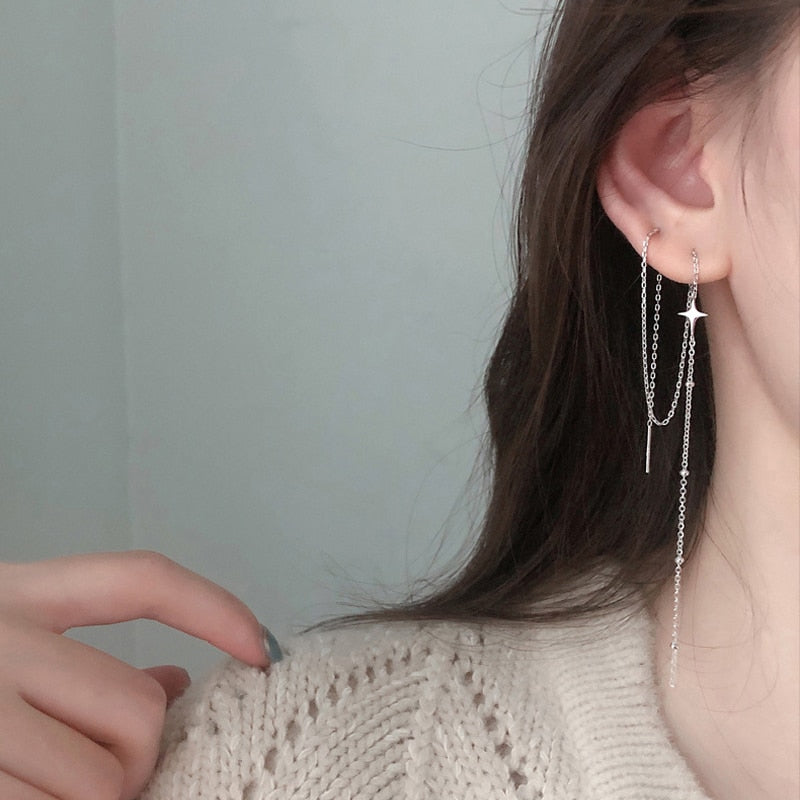 Simple Shine Star Cross Stud Earring Long Chain Tassel Earrings For Women Geometric Piercing Ear Jewelry Party Girl Gift