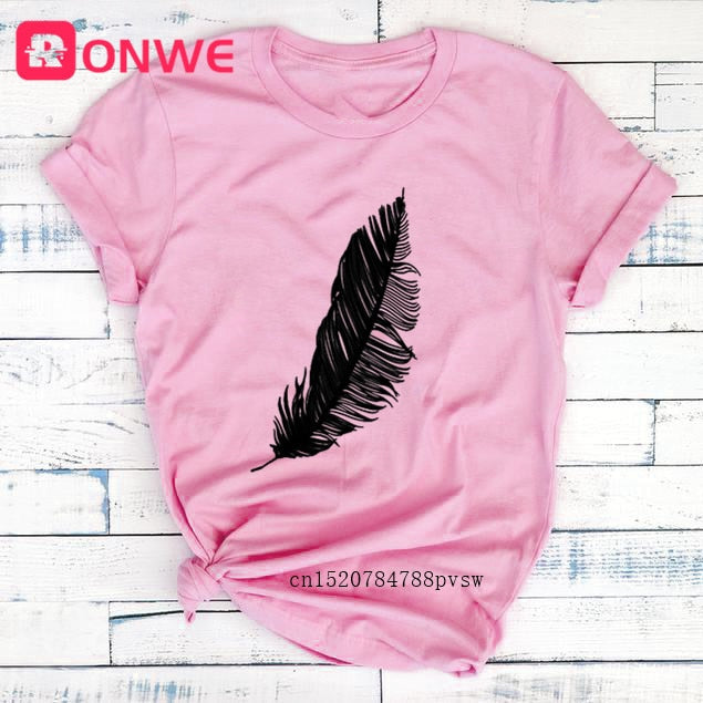 Casual Harajuku Fashion T-shirt Feather Print Loose O-neck Short Sleeve