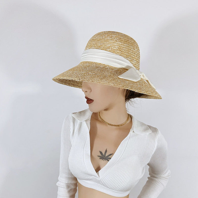 Hepburn Retro Style Dome Wheat-Straw Hat Big Brim Straw Woven Bucket Hat Women's Summer Outdoor Sun Protection Sunshade Hat - Jeglowstore