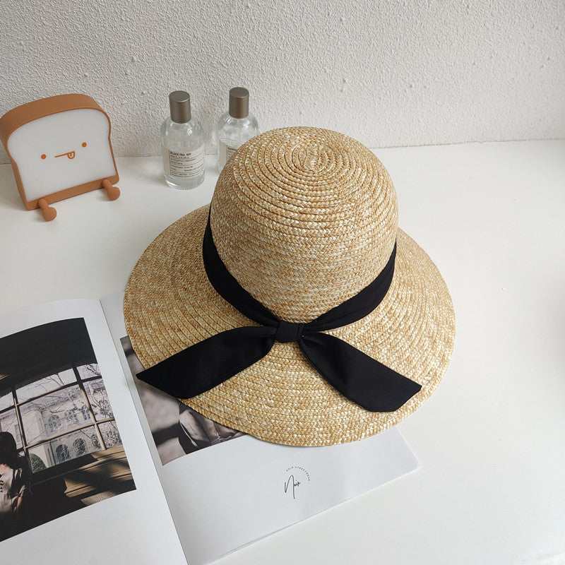 Hepburn Retro Style Dome Wheat-Straw Hat Big Brim Straw Woven Bucket Hat Women's Summer Outdoor Sun Protection Sunshade Hat - Jeglowstore