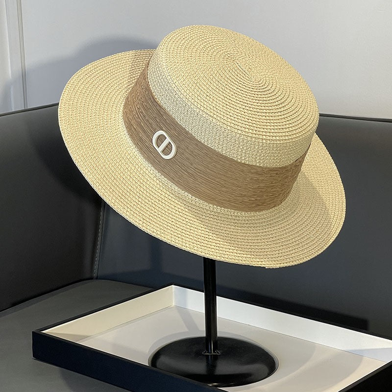 Korean Style Instagram Style Internet Celebrity Letters Flat Top Straw Woven Top Hat Women's Spring Summer Outing Sun Protection Sun-Shade All-Match Trendy Straw Hat