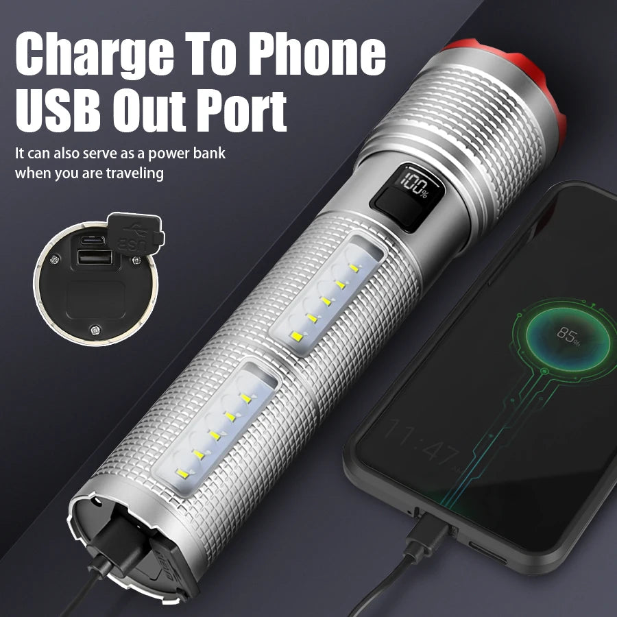 5000 MAH Powerful LED Flashlight Rechargeable Lamp Side Light Waterproof Tactical Lantern Handheld Torch Outdoor Camping Hiking - Jeglowstore