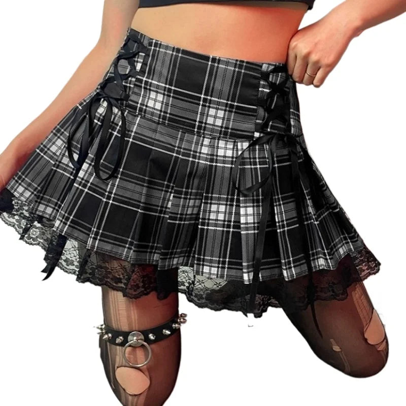 High Waist Plaid Lace-Up Mini Skirt with Mesh Hem - Jeglowstore
