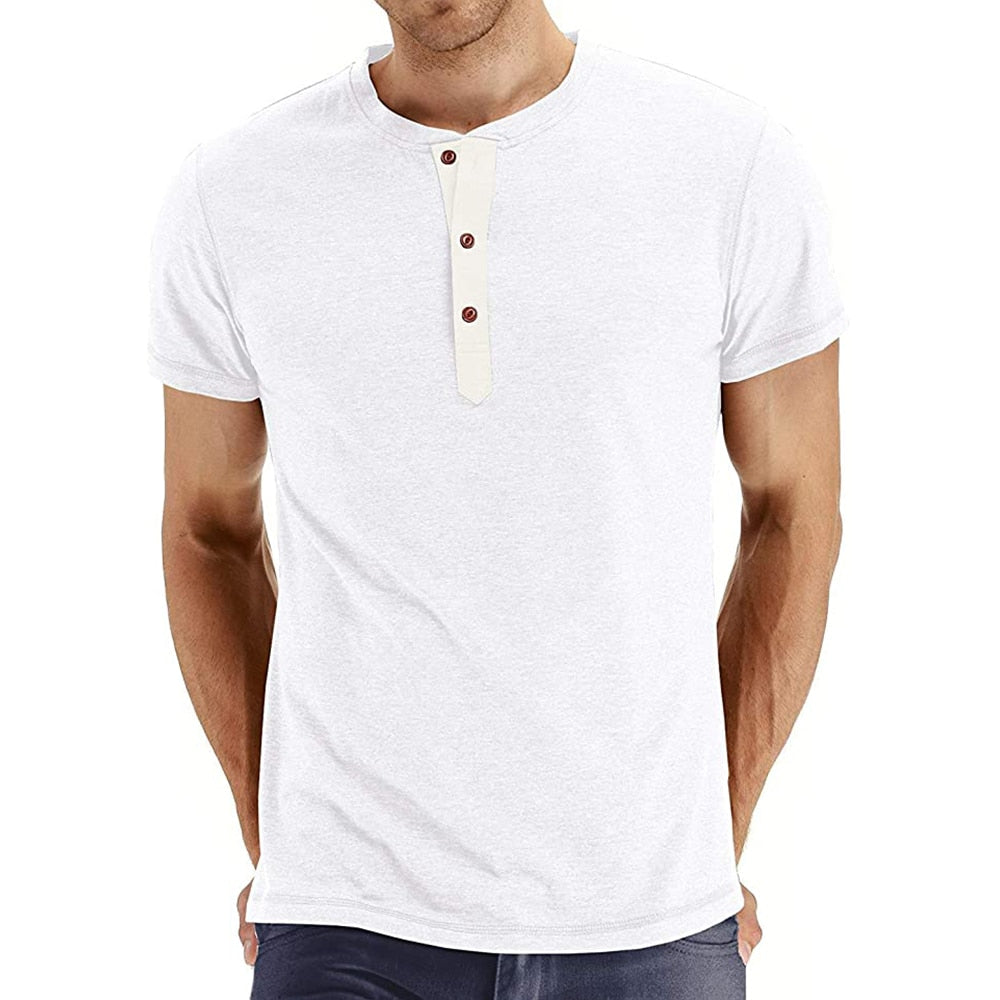 Brand Quality Cotton Men T-shirt Henry Neck Fashion Design Slim Fit Solid T-shirts Male Tops Tees Short Sleeve T Shirt For Men