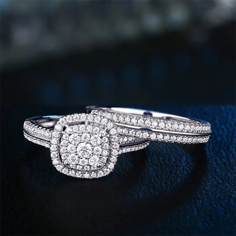 Huitan Fashion Cushion Shaped Cubic Zirconia 2Pcs Set Rings for Women Elegant Wedding Bridal Rings Bling Hot Jewelry Wholesale - Jeglowstore