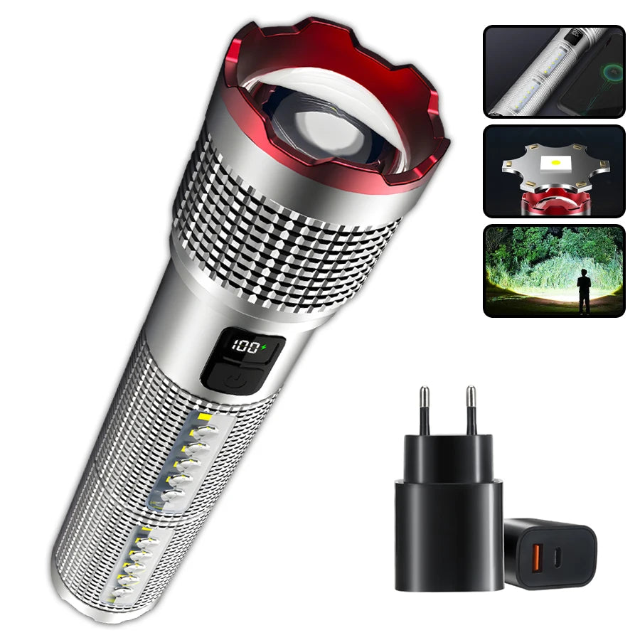 5000 MAH Powerful LED Flashlight Rechargeable Lamp Side Light Waterproof Tactical Lantern Handheld Torch Outdoor Camping Hiking - Jeglowstore
