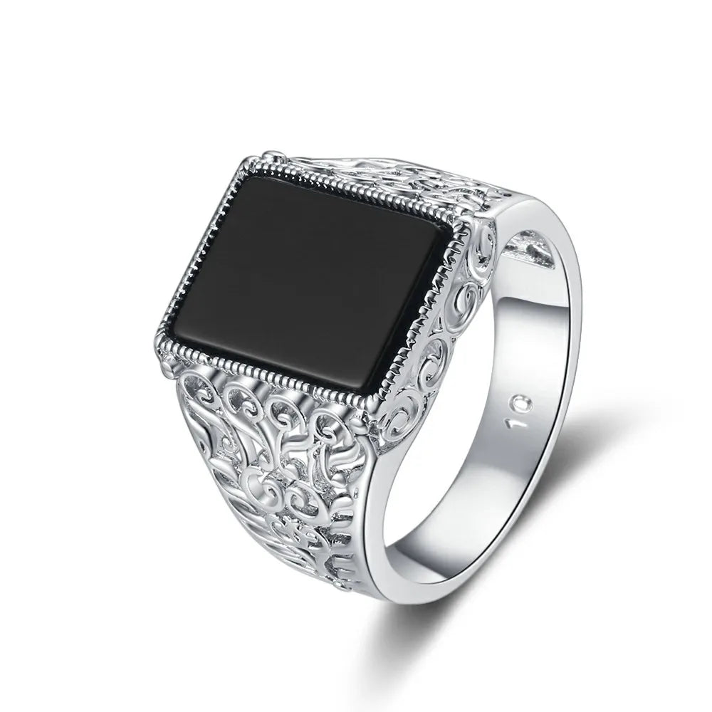 Vintage Black Agate Silver Ring - Jeglowstore