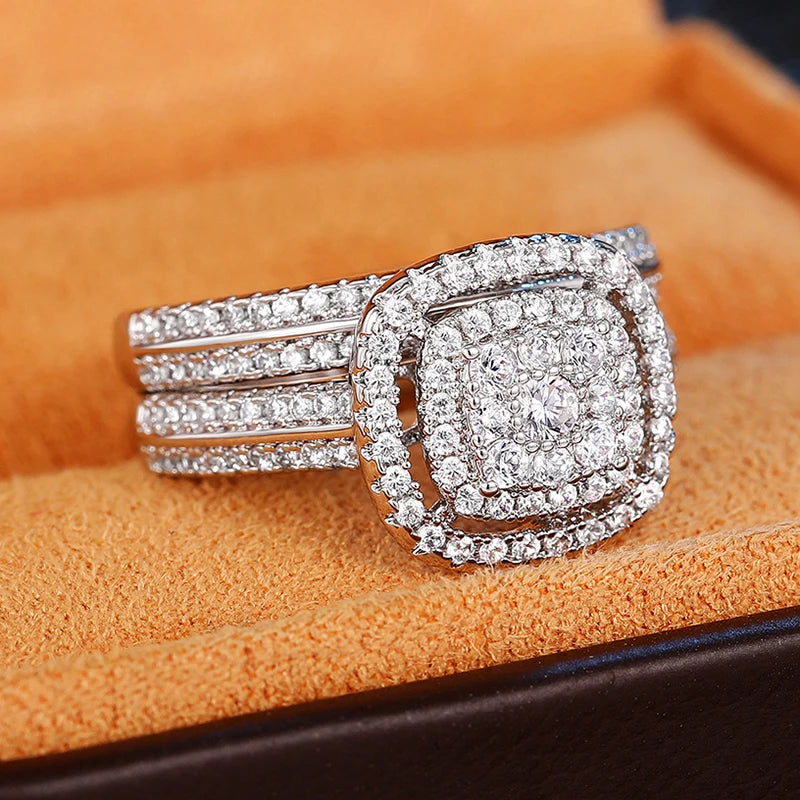 Huitan Fashion Cushion Shaped Cubic Zirconia 2Pcs Set Rings for Women Elegant Wedding Bridal Rings Bling Hot Jewelry Wholesale - Jeglowstore
