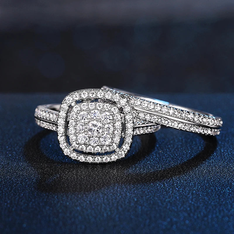 Huitan Fashion Cushion Shaped Cubic Zirconia 2Pcs Set Rings for Women Elegant Wedding Bridal Rings Bling Hot Jewelry Wholesale - Jeglowstore