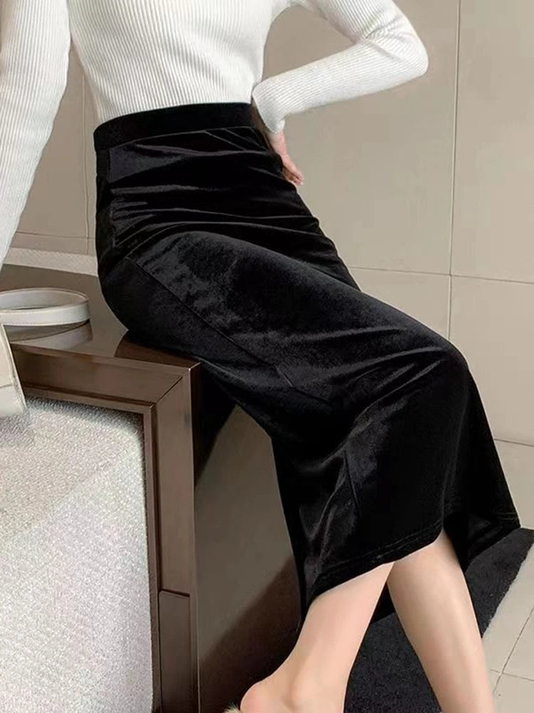 Black Velvet High Waist Midi Skirt - Jeglowstore