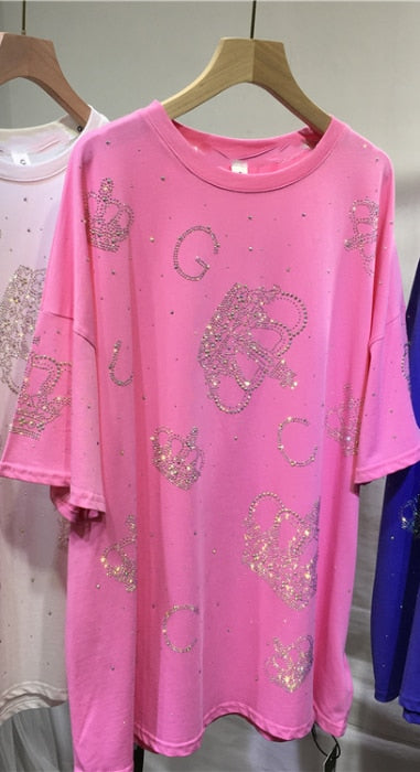 L-4XL Plus Size Tops Rhinestone Graphic T-shirt