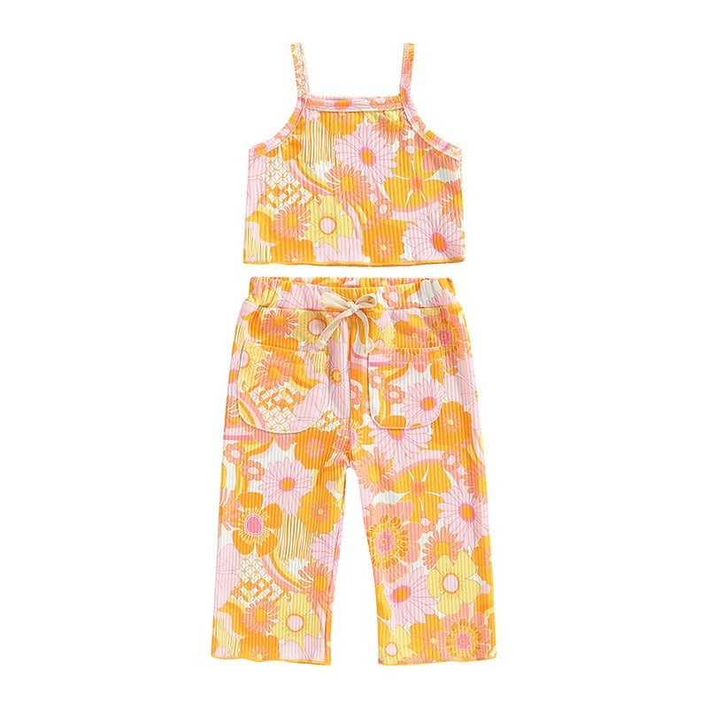 Lovely Children Summer Clothing Sets Ribbed Floral Print Sleeveless Tanks Tops+Elastic Waist Pocket Long Pants Casual Outfits